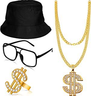 Gejoy Hip Hop Costume Kit 80s/90s Rapper Accessories Bucket Hat Sunglasses Gold Chain Ring Outfit for Men Women (Black)