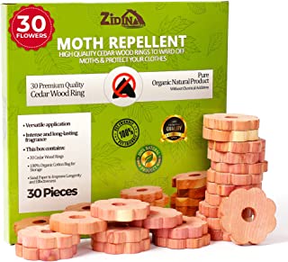 Zidina Moth Repellent for Clothes 30x Rings 100% Natural Cedarwood I Best alternative to Moth Killer for Wardrobe, Freshener and Moth Balls I Includes Organic Fabric storage bag and Sand Paper