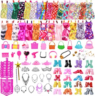 120 PCS Doll Clothes and Accessories for Barbie Doll, 20 Dresses + 20 Handbag + 20 Shoes + 60 Jewelry Accessories, Fashion Outfits Necklace Mirror Earring Crown Hanger for 11.5 Inch Girl Doll