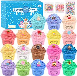 18 Pack Super Soft Fluffy Butter Slime Kit, with Candy, Ice cream, Fruit, Cute Slime Fun Charms, Scented Slime Party Favor Gifts for Girls and Boys, DIY Putty Slime Toys for kids