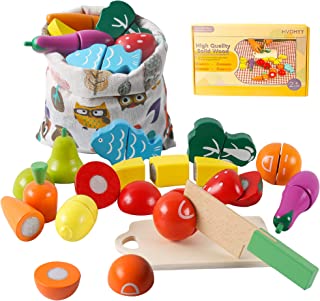 HVDHYY Wooden Play Food for Children Cutting Fruits and Vegetables Game Set Toy Foods Kitchen Pretend Role Play Toys for Kids Children's Birthday Educational Toys Set with a Storage bag 2+Years Old