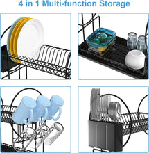 2 Tier Black Dish Drainer Rack with Drip Tray, Stainless Steel Draining Dish Rack drainer with Draining Board and Utensils Holder, Dish Drying Rack Kitchen Drainer for Small Kitchen Countertop