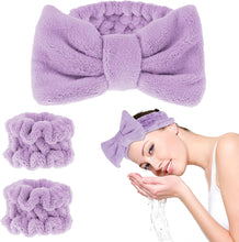 WLLHYF 3Pcs Spa Headband Wrist Washband Scrunchies Cuffs for Washing Face, Face Wash Headband Wristband Set Towel Wristbands Hair Headband Face Wash Wristband for Women Girls (purple)