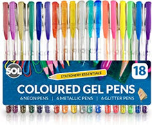 18pk Gel Pens for Kids | 3 Sets Coloured Gel Pens for Writing Includes Neon Pens, Metallic & Glitter Pens for Kids |Metallic Gel Pens | Neon Gel Pens | Pastel Gel Pens for Adult Colouring Books & Arts