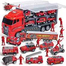 JOYIN 10 in 1 Die-cast Fire Engine Vehicle Mini Rescue Emergency Fire Truck Toy Set in Carrier Truck