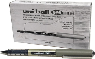 uni-ball UB-157 Eye Rollerball Pens. Premium Fine 0.7mm Ballpoint Tip for Super Smooth Handwriting, Drawing, Art, Crafts and Colouring. Fade and Water Resistant Liquid Uni Super Ink. Box of 12 Black