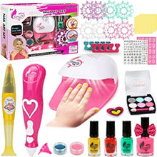 Nail Polish Set for Girls, Nail Art Kit for Kids with Fun Dusting Pen/Nail Art Pen/Nail Dryer/Eyeshadow/False Nail - Kids Washable Makeup Kit for Girls, Best Gift for Birthday/Party(Without Batteries)