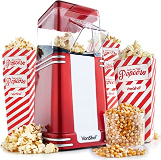 VonShef Popcorn Machine Retro – 1200W Popcorn Maker with Hot Air Circulation, One Touch Popcorn Popper, Fat Free, Healthy & Oil Free Snacks for Kids and Movie Nights with 6 Boxes - Red