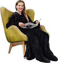 Winthome Wearable Blanket with Sleeves and Foot Pocket, Soft and Warm for Sofa Lovers. with Elastic Cuffs, Hook and Loop Fastener（Black）