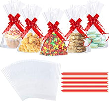 50PCS Clear Cellophane Treat Bags, AUERVO 13 x 18 cm Clear Resealable Flat Cello Bags Sweet Party Gift Bags Candy/Cookie/Chokley/with 50PCS Red Pull Bows