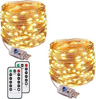 [2 Pack] Fairy String Lights, 120LED 12M/40Ft 8 Modes USB Plug in Powered Lights Waterproof Outdoor/Indoor Copper String Lights with Remote Timer for Bedroom, Party, Wedding, Christmas (Warm White)