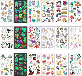 Temporary Tattoos for Kids, 160 Styles Luminous Tattoos Toys Gifts for Girls Boys Birthday Supplies Favors, Mixed Style Glow In The Dark Party Bag Fillers for Kids Tattoos Dinosaur/Mermaid