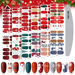 Kalolary 12 Sheets Christmas Full Wraps Nail Strips, Christmas Self-Adhesive Nail Polish Stickers Decals with 1Pcs Nail File Deer Snowman Xmas Tree Nail Stickers for Women Girls Nail Art Design