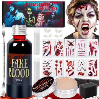 Ulikey Halloween Makeup Set, 60ml Fake Blood Makeup, Scar Wax 40g,10 Sheets Halloween Scars Temporary Tattoos, 4 pairs Dentures, Special Effects Makeup Kit for Halloween Costume Zombie Party