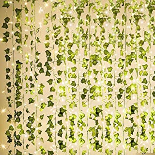 KASZOO 84Ft 12 Pack Artificial Ivy Garland Fake Plants Vine Hanging Garland with 80 LED String Light Hanging for Home Kitchen Garden Office Wedding Wall Decor Green