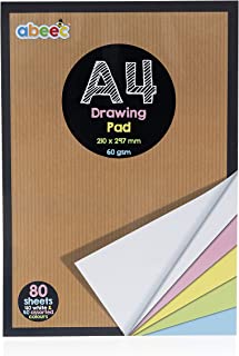 abeec A4 Paper Drawing Pad - 80 Sheet Sketchbook - 40 Plain White Sheets and 40 Coloured Sheets - 60 GSM Paper – Arts and Craft Scrap Book Essential for Kids