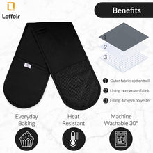 Double Oven Gloves Heat Resistant by Laffair - Black Oven Gloves - Non-Slip Silicon - Black Kitchen Accessories - Modern Oven Mitt & Potholder for Home Cooking - Maximum Heat Protection