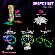 The Glowhouse UK Premium Glow Sticks for Kids Adults Bulk 205 Pcs Party Pack inc Glow Glasses kit and Connectors for Bracelets and Necklaces. Mixed Bright Long Lasting Glowsticks UK