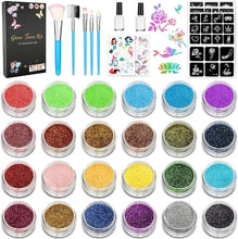 Maziigou Glitter Tattoos Kit for Kids Temporary Tattoos Stencils for Girls, 24 Colors Glitter, 78 Unique Stencils, Adults & Kids Arts Glitter Make Up Kit, Cosplay Birthday Party Gift for Girls