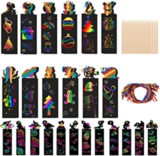 Ruirihai-uk Scratch Art for Kids Magic Rainbow Bookmarks for Children, 48 Pcs Animal Scratch Art Paper Craft with Colorful Ropes and Wooden Stylus Party Bags Fillers Classroom Gifts Xmas Decorations