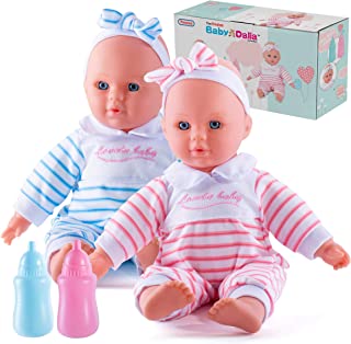 Prextex Baby Twin Dolls Set - 12-Inch Boy and Girl Soft Doll Set with Pink and Blue Toy Bottle - Best Gift for Toddlers and Girls