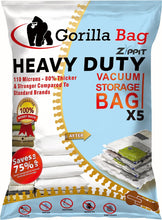 HEAVY DUTY 5 VACUUM STORAGE BAGS by Gorilla Bags, Extra Large 100x80cm. Extra Strong 110 Microns. For Clothes, Bedding, Duvets, Towels, Curtains and More. Double Zip Seal & Unique Turbo Valve Keeps Items Compressed For Longer