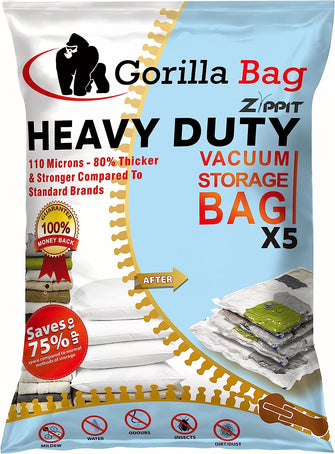 HEAVY DUTY 5 VACUUM STORAGE BAGS by Gorilla Bags, Extra Large 100x80cm. Extra Strong 110 Microns. For Clothes, Bedding, Duvets, Towels, Curtains and More. Double Zip Seal & Unique Turbo Valve Keeps Items Compressed For Longer