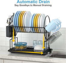 2 Tier Black Dish Drainer Rack with Drip Tray, Stainless Steel Draining Dish Rack drainer with Draining Board and Utensils Holder, Dish Drying Rack Kitchen Drainer for Small Kitchen Countertop