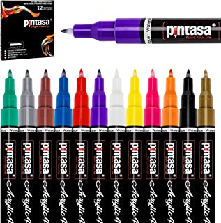 PINTASA Acrylic Paint Pens 0.7mm Extra Fine & 1mm Fine Tips (12 Pack) Vibrant Colouring Pens Quick-Dry Water-Based Paint Markers Rock Painting Art Supplies, Weather-Proof Painting, Multicolor