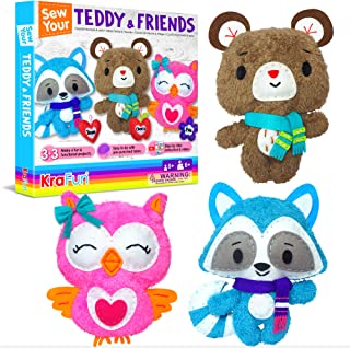 KraFun Sewing Kit for Kids Age 7 8 9 10 11 12 Beginner My First Art & Craft, Includes 3 Stuffed Animal Dolls, Instructions & Plush Felt Materials for Learn to Sew, Embroidery - Teddy, Raccoon and Owl