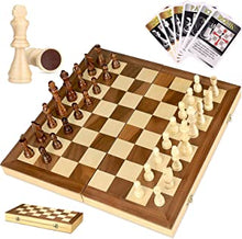 Portable Luxury Wooden Chess Set, iBaseToy 38x38cm Large Foldable Chess Board Hand Crafted Chess and Draughts Set Gift for Kids Adults - Chess Game Set with 60 Game Rules Cards