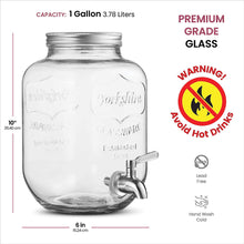 Glass Drink Dispenser with Stainless Steel Tap 3.7L - 100% Leak Proof Beverage Dispenser with Ice Core, Easy Filling Wide Mouth - Glass Jug Cocktail Accessories, Mason Jar Water Dispenser & Metal Lid