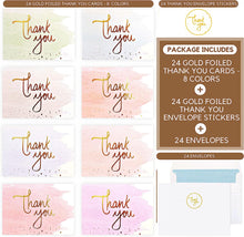 DS Gold Foiled Thank You Cards Multipack - Fully Recyclable and Eco-friendly Watercolors Greeting Cards with Stickers Envelopes for Christmas Birthdays Baby Showers Teachers Wedding (Pack of 24)