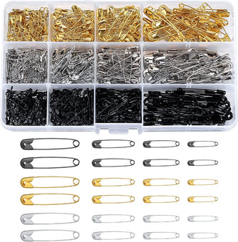 540 Pcs Safety Pins Assorted, Clothes Safety Pins Small Medium Large Size for Arts Crafts Sewing Clothing Arts, Gold Silver Black, 19mm, 22mm, 28mm, 38mm