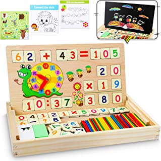 lenbest Magnetic Wooden Maths Box, Montessori Toys Wooden Number Blocks with Double Sides Board, Counting Sticks, Chalk & Eraser, Education Maths Game for 3+ Year Old Kids