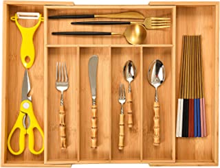 Mass Dynamic Bamboo Cutlery Tray, Expandable Drawer Organiser, Space-Saving 5-7 Storage Compartments Holds Silverware, Kitchen Utensils, Office Supplies, Bathroom Accessories (Size: 5x48.5x37cm)