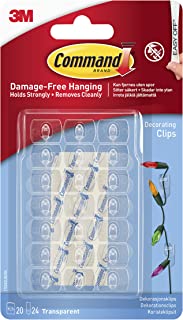 Command Christmas Light Clips, Pack of 20 Mini Hooks and 24 Small Adhesive Strips, Transparent - Hanging Clips for Decorations and Fairy Lights - Damage Free Hanging