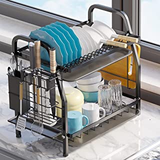 COVAODQ dish rack, Dish Drying Rack,2 tier dish drainer, Dish Drainer for Kitchen Counter (Black)