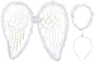 White Fairy Angel Wings and Halo Headband 2pc Set - Angel Wings with Gold Glitter and Halo - Nativity Play - Christmas /Halloween Party Fancy Dress Costume for Girls