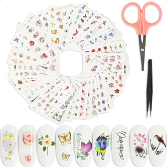 Nail Stickers Flowers, BOLASEN 48 PCS Water Transfer Nail Art Stickers for Manicure Tips Decor, Nail Decals, Butterfly, Feather Pattern Mixed for Fake Nail Art Designs, Women Girls Kids Nail Stickers