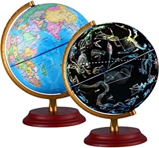 Illuminated World Globe for Kids With Wooden base Night View Stars Constellation Pattern Globe lamp with Detailed World Map Built-in LED Educational Gift Night Stand Decor + pen and Cleaning Cloths