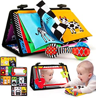 teytoy Tummy Time Toys Mirror Rattle for Baby Nowborn High Contrast Activity Baby Toys 0-6 Months for Crawling with Crinkle Cloth Book&Teether Developmental Montessori Baby Sensory Toys Gifts