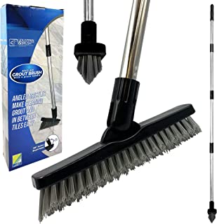 Angled Grout Cleaning Brush, Stiff Bristle Bath Scrubber Floor Grout Cleaner with 4-section Metal Handle, Swivel Head Floor Scrubbing Brush with Long Handle for Tiles, Bathroom & Hard-to-Reach Corners