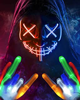 2022 Halloween Mask LED Mask & Gloves in Multiple Light Modes, The Purge Mask Purge Costume, Light up Scary Mask Gloves, Halloween Costumes for Men Adults Kids Boys,Anonymous Neon Mask Halloween Gifts