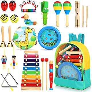 Jojoin Toddler Musical Instruments, 24PCS Wooden Percussion Instruments Toys Set with Ocean Wave Bead Drum, Tambourine, Maracas, Storage Backpack etc.Early Education Musical Toys for Boys and Girls 3+