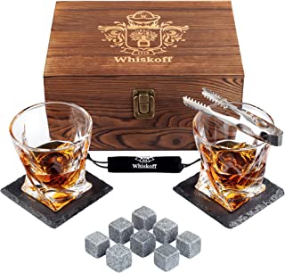 Whiskey Glass Set of 2 - Bourbon Whiskey Stones Gift Set For Men - Includes Crystal Whisky Rocks Glasses, Chilling Stones, Slate Coasters - Scotch Glasses in Wooden Box - Wisky Burbon Retirement Gifts