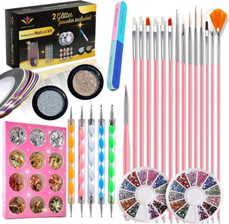 Nail Art kit Accessories, 15pcs Nail Art Brushes, Tools, Nail Pen designing Dotting, Colourful Nail foil, Stripping Manicure Tape, Rhinestone, Nail Glitter Powder, Nail File, Supplies In Nail Art Set