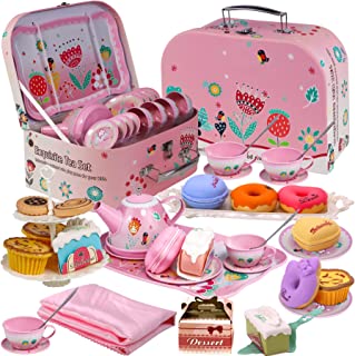 Gifts2U Tea Party Set Toy Including Dessert, Cookies, Doughnut, Teapot Tray Cake, Tablecloth & Carrying Case, Kitchen Pretend Play for Kids Age 3+