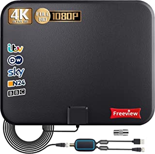 TV Aerial, Indoor TV Aerial 200+ Miles Digital HDTV Freeview with Amplified Signal Booster,4K 1080P HD VHF UHF - Support All TV’s 17 ft Coax Cable