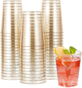 KAHEIGN 50Pcs Clear Plastic Cups, 300ml Gold Glitter Plastic Tumblers Reusable Drink Cups Elegant Party Wine Glasses for Cocktail Champagne Beer Martini Soda Dessert (9.5 x 7.5cm)